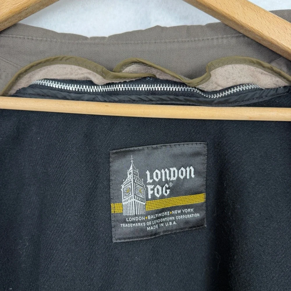 London Fog Trench Coat Womens 8 Petite Double Breasted Belted Olive Green